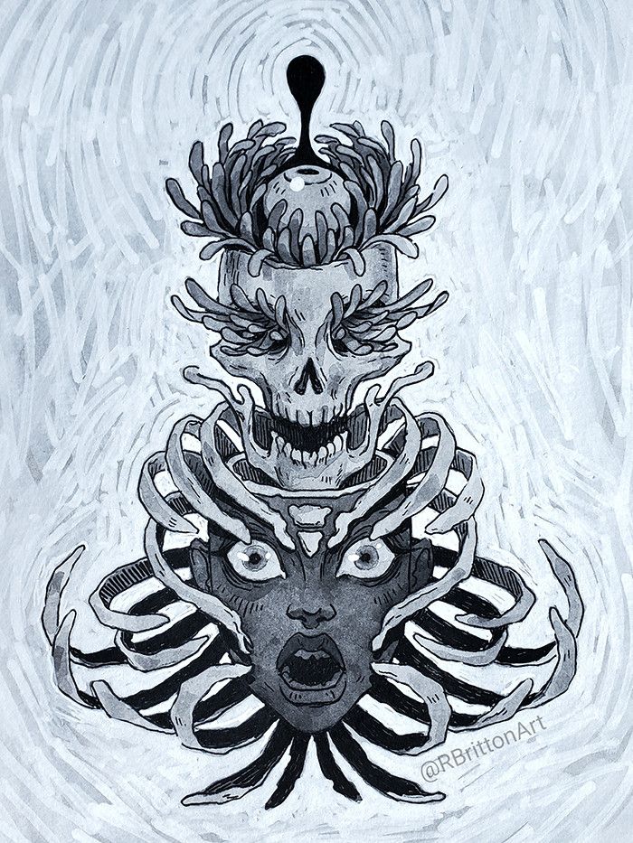 a traditionally drawn piece of art. it shows a womans face with a rib cage like element wrapping around her head. her skull is cut in half and a full skeleton head emerges from some flower petals.