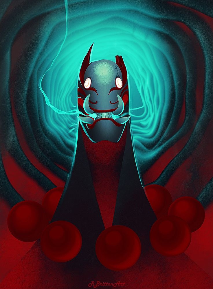 an image of a character who appears "masked", their face is hard and unmoving and looks cracked and chipped on the top right corner. fangs protrude from the mouth with a string of smoke streaming out the corners of his lips. The image is red and teal, the reds are more concentrated on the bottom of the image. there is a bright cyan behind the central figure that radiates outward toward the viewer like a tunnel. 