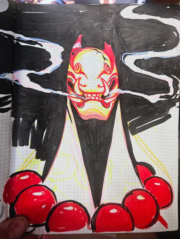 an image of a character who appears "masked", their face is hard and unmoving and looks cracked and chipped on the top right corner. fangs protrude from the mouth with a string of smoke streaming out the corners of his lips. This is a traditional drawing on graph lined paper, the ink is red and black with an undersketch of yellow highlighter. 