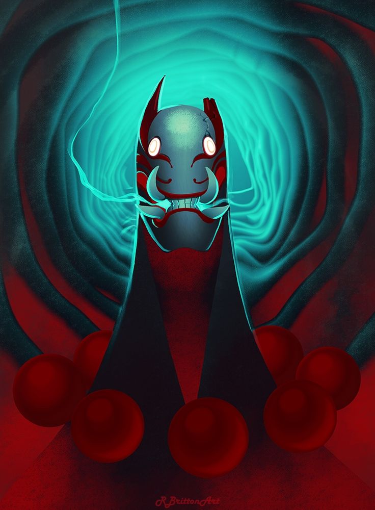 an image of a character who appears "masked", their face is hard and unmoving and looks cracked and chipped on the top right corner. fangs protrude from the mouth with a string of smoke streaming out the corners of his lips. The image is red and teal, the reds are more concentrated on the bottom of the image. there is a bright cyan behind the central figure that radiates outward toward the viewer like a tunnel. 
