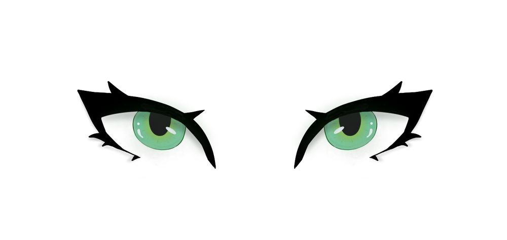 two stylized green eyes with black dramatic eyeliner on a white background