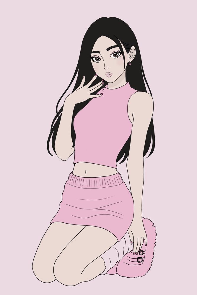 digital illustration of the girl, I made rhe two piece pink and the background a soft pink