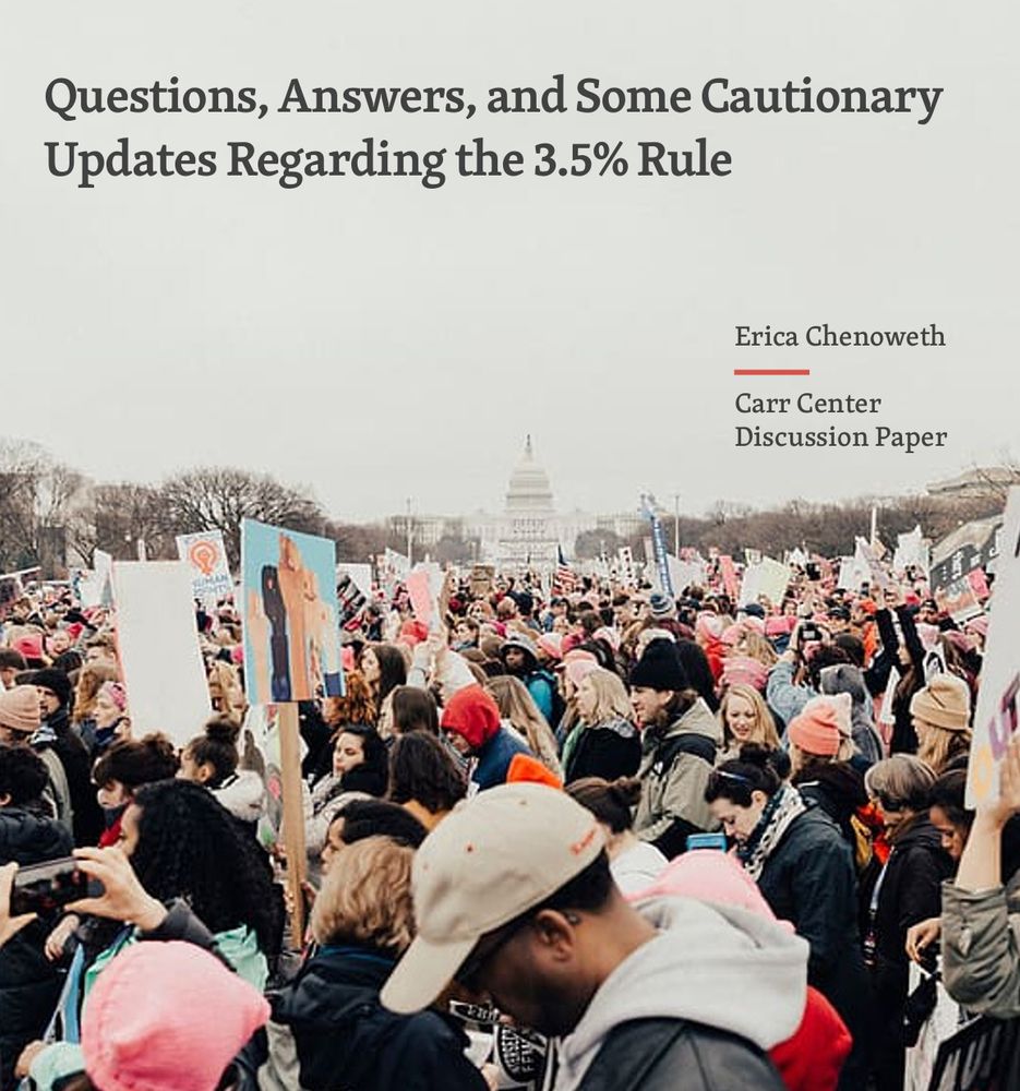 The cover page for a discussion paper called "Questions, Answers, and Some Cautionary Updates Regarding the 3.5% Rule" by Erica Chenoweth. In the image, peaceful protesters can be seen in front of the US Capitol building. 