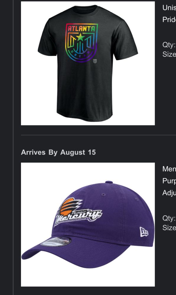 a screenshot of my purchase: Atlanta Dream pride shirt and Phoenix Mercury hat