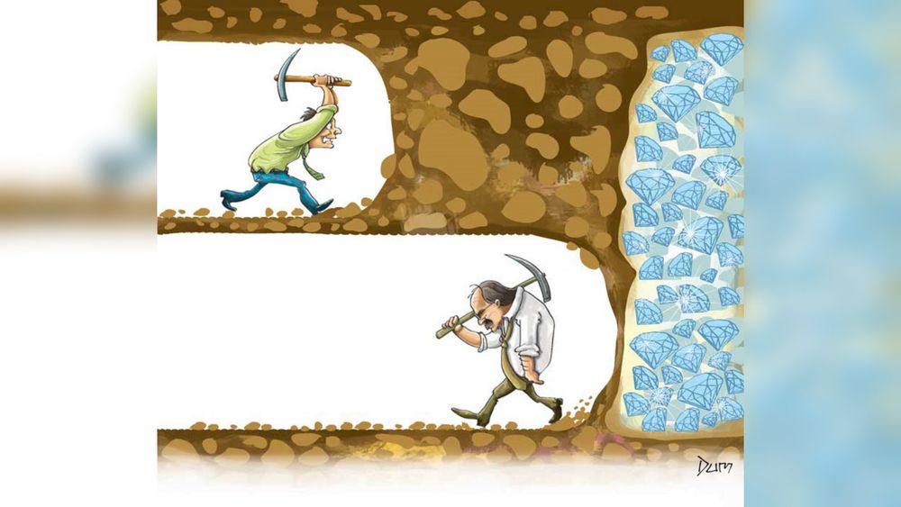 "Never Give Up" / Digging for Diamonds meme. 

Excerpt from Know Your Meme below:

"Never Give Up" Cartoon, also known as Digging for Diamonds, refers to a motivational image showing two men in a diamond mine. The man on top is eagerly digging towards the diamonds while the second older man is dejectedly walking away, unaware he was close to reaching the diamonds. The picture circulated on motivational blogs in the mid-2010s before seeing use as a humorous exploitable meme template in image macros.