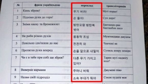 우크라이나군에게 배포되는 자료. 북한 군인들의 파병에 대비하여 항복 권유 및 절차와 관련된 문구와 구호를 한국어로 번역하였다.