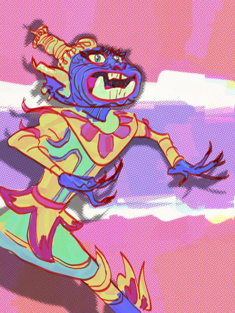 A mythical Thai guardian called a Yaksha that protect temples. Dressed in golden armour and crown atop a grotesque blue-ish face with large overgrown canines. He dances a traditional Thai dance with long fingernails that accentuate the curves of the fingers. He's in front of a Thai flag.