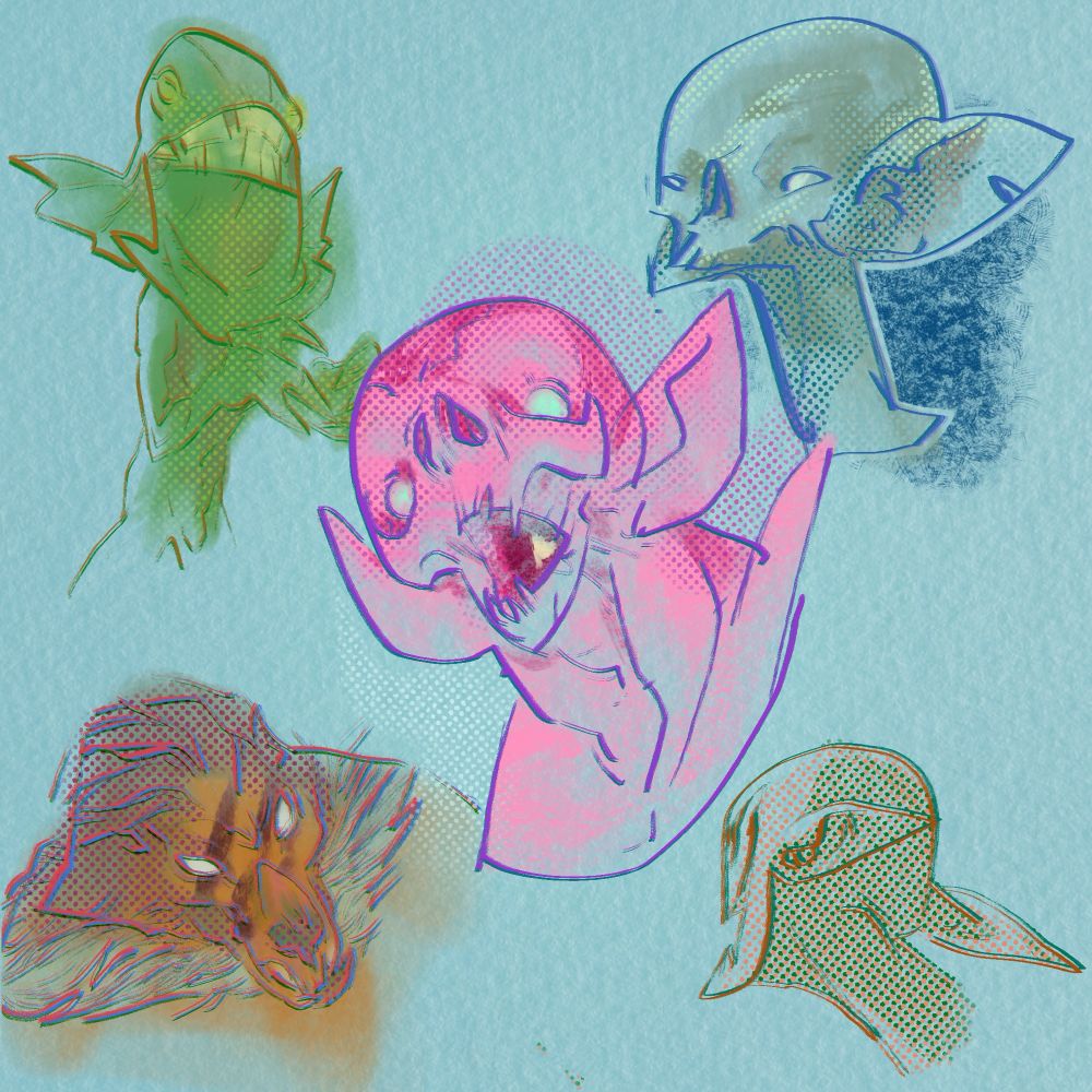 Colored head drawings of 5 creatures. The first is a green sea creature with a grin showing large teeth. The second and third are versions of a Nosferatu (ancient looking vampires) one of which is bright pink and has large neck muscles for some reason. The fourth is a gorilla/wolf mix with either scars across its face or face paint. The artist couldnt decide. And the last is a nose-less goblin facing away from the viewer. 
