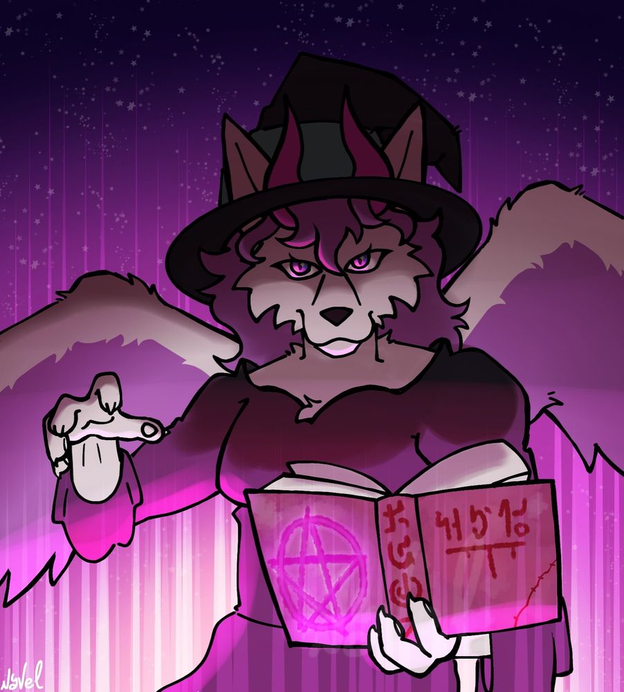 ArtNy
A female Wolf Dragon wearing a witch outfit holds a book while summoning a purple spell.