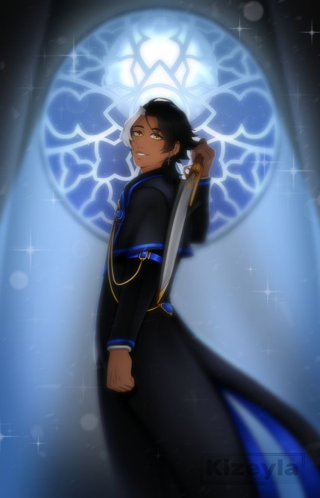 A man standing in front of a large round window, looking over his shoulder at the camera. A big blueish moon casts light through the window.