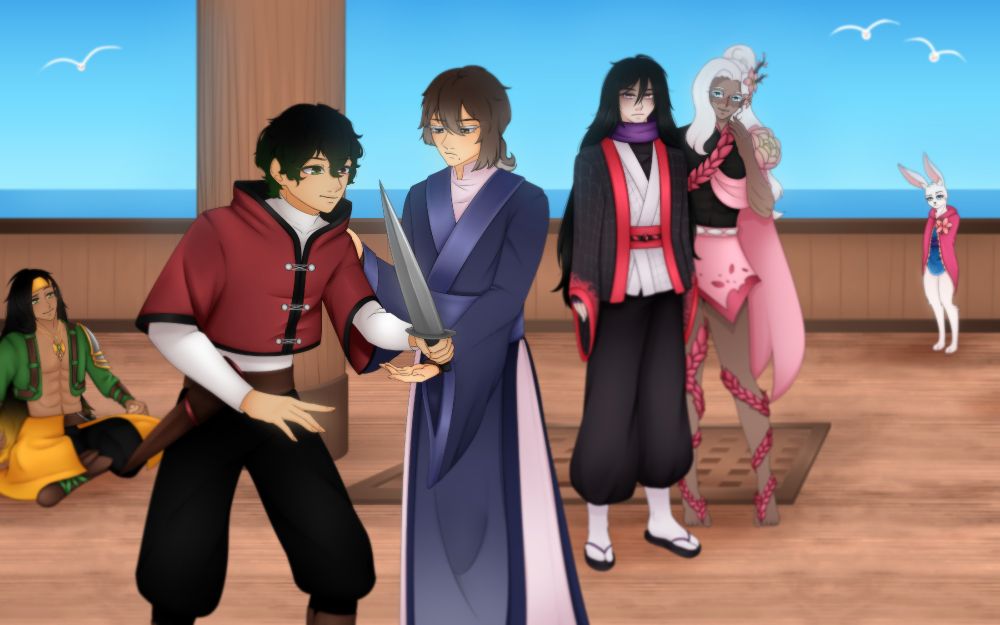 A group of 6 characters on a ship on a sunny day. Two of them are training how to hold a sword while the rest are watching with varying degrees of amusement.