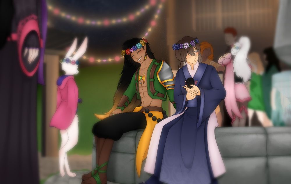 Group of characters hanging around a fountain in the middle of a celebration.