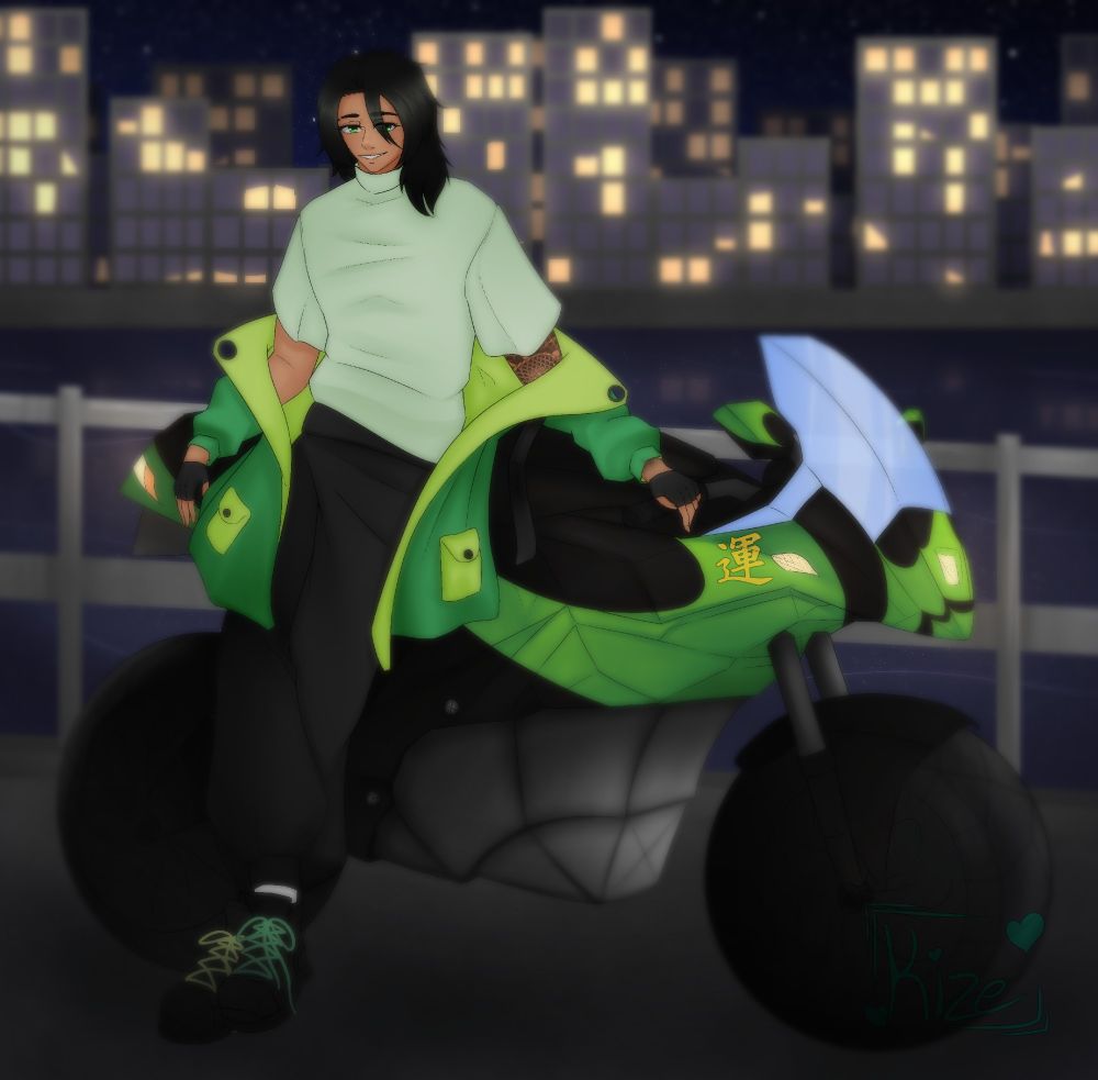 Dungeons and Dragons OC named Kareem posing with his motorcycle with water and a city in the background.