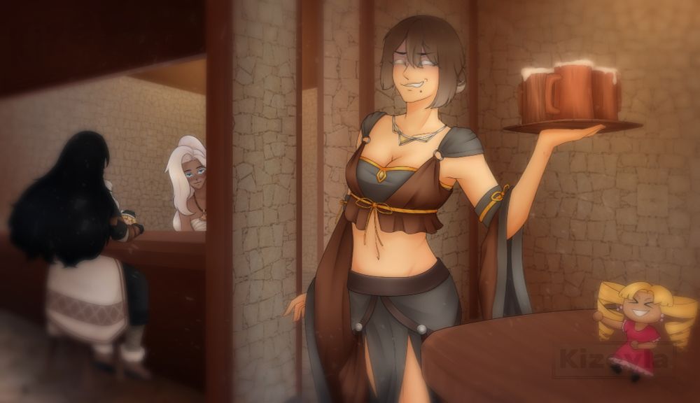 Warm tavern scenery with a white haired lady peeking from behind the bar at her party member, who was hired as a waitress at this tavern. The waitress does not seem to like her job, as one of the other party members summon is laughing and pointing at her.