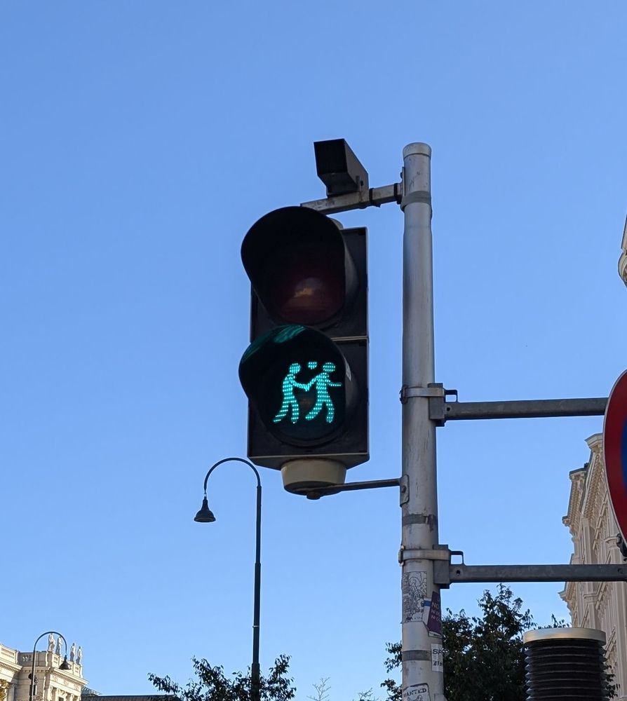 Pedestrian green light in Vienna. Shows a person taking another person by the hand and leading them across