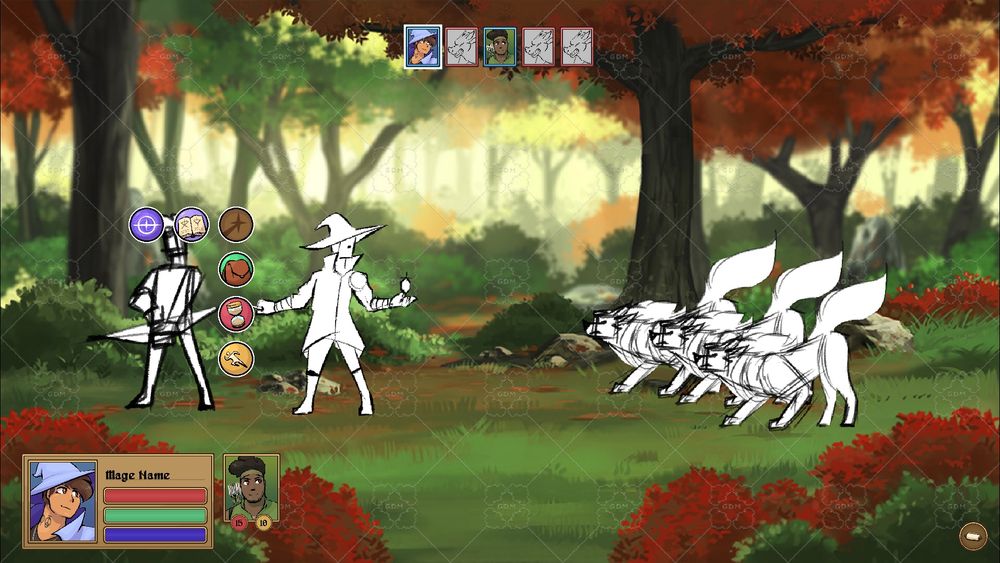 Mockup of the combat in my mage game. It's the Mage's turn. Them and their companion, Bastion, are going up against three Pyretails. They chose to cast a spell, highlighting the 'Lexicon' button.