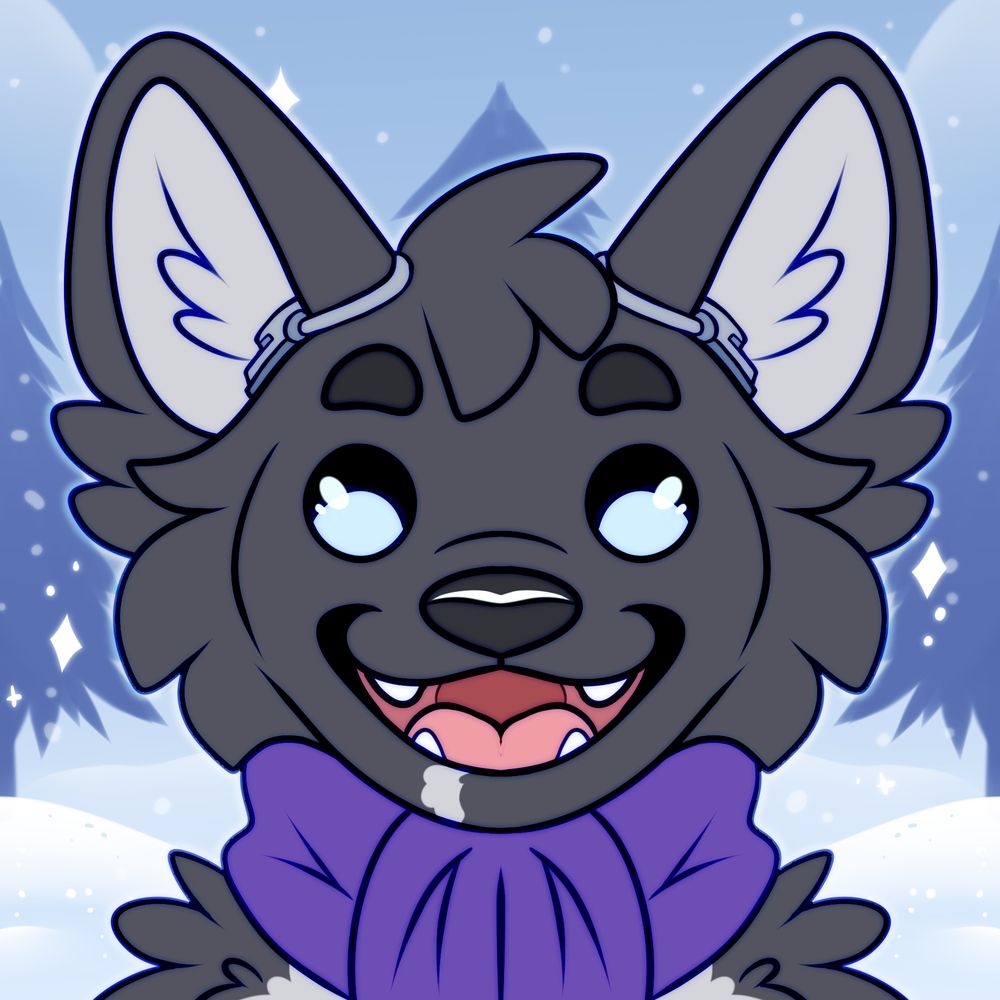 An arctic fox kit wearing hearing aids and a purple scarf, in a winter wonderland.