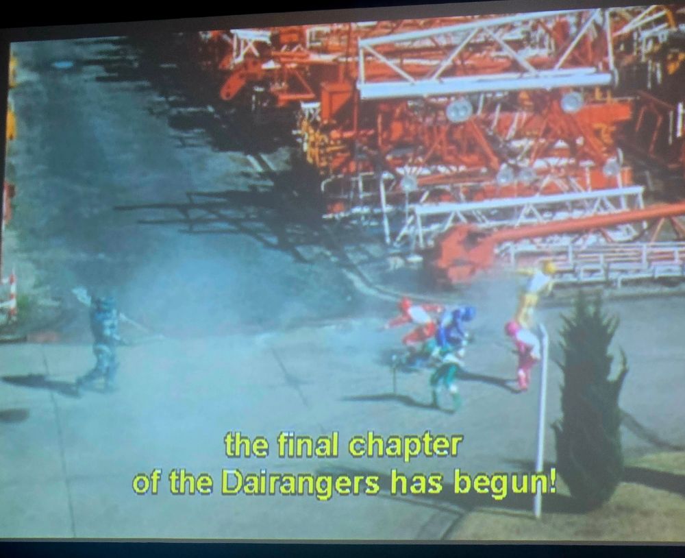 "the final chapter of the Dairangers has begun" exclaims a screenshot from episode 45, featuring the five sentai heroes facing off against a monster. 