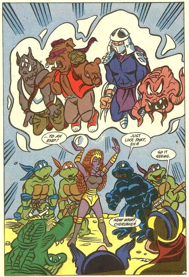 Cherubae lifts Rocksteady, Bebop, Shredder, and Krang above the Teenage Mutant Ninja Turtles, Leatherhead, Wingnut, and Trap.