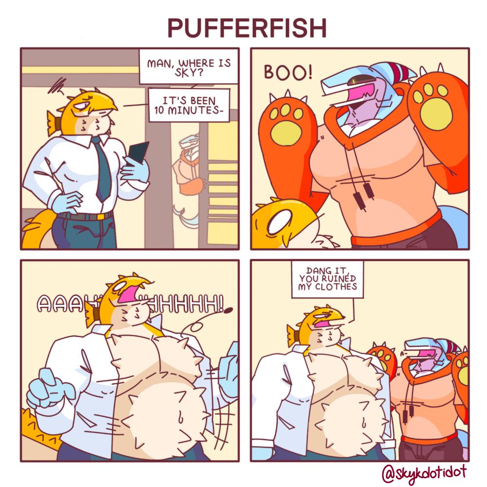 Keen the pufferfish waiting for Sky and it's been 10 minutes. Keen is a bit agitated before Sky scares him playfully. Keen expands a couple times into a larger version of himself-