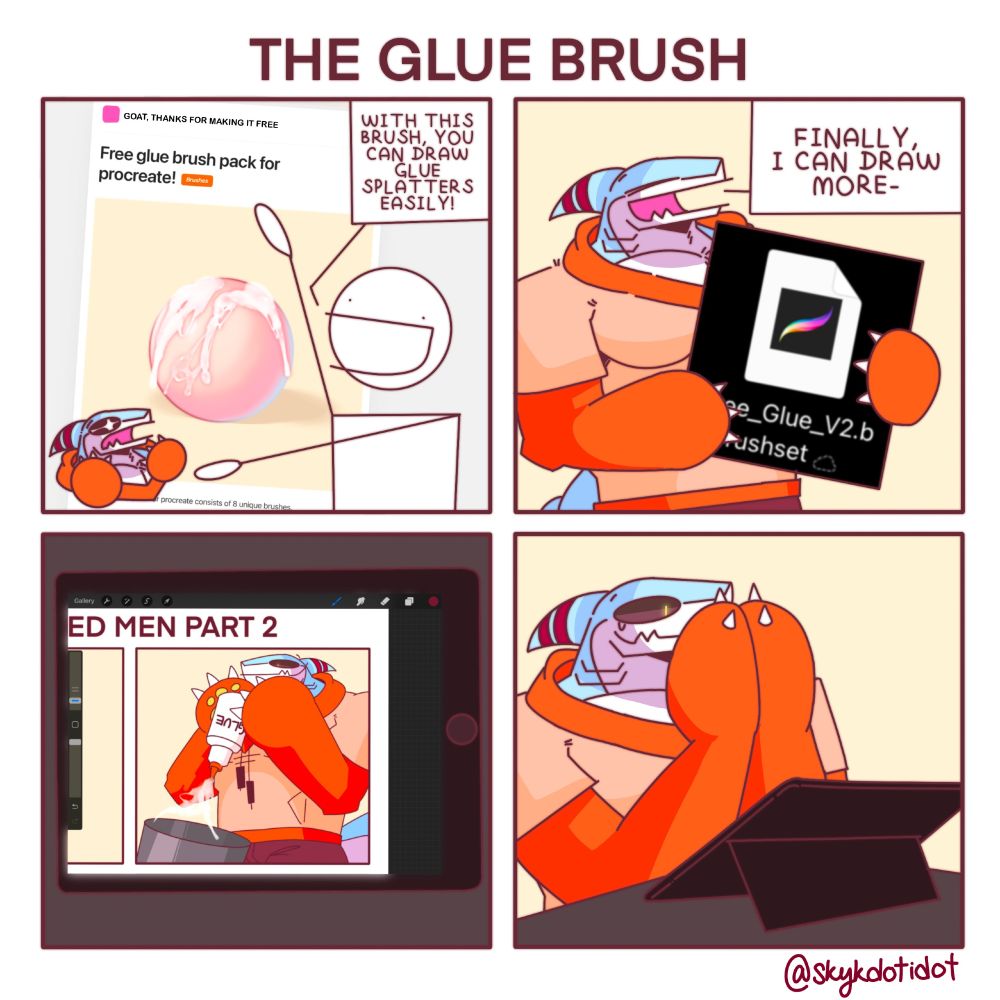 Sky shark found the glue brush and wants to use it for his next comic but it doesn't look good with the art style sadly