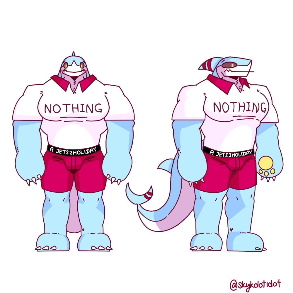 Sky shark wears a shirt saying "Nothing" and boxers saying "a jets2holiday"