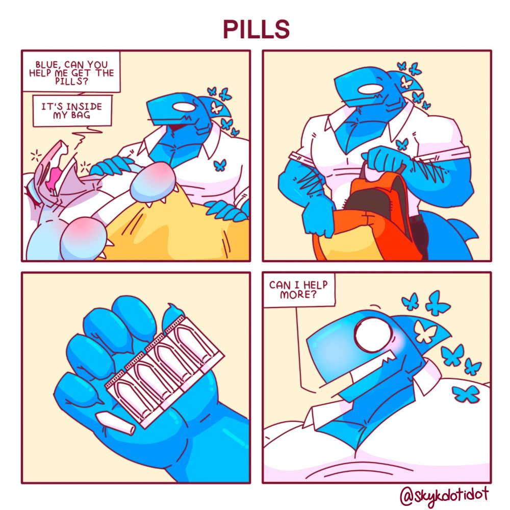 Sky shark has a really bad fever so he asked Blue shark to get the pills for him, it's inside his bag. Blue Shark is asking if he can help more