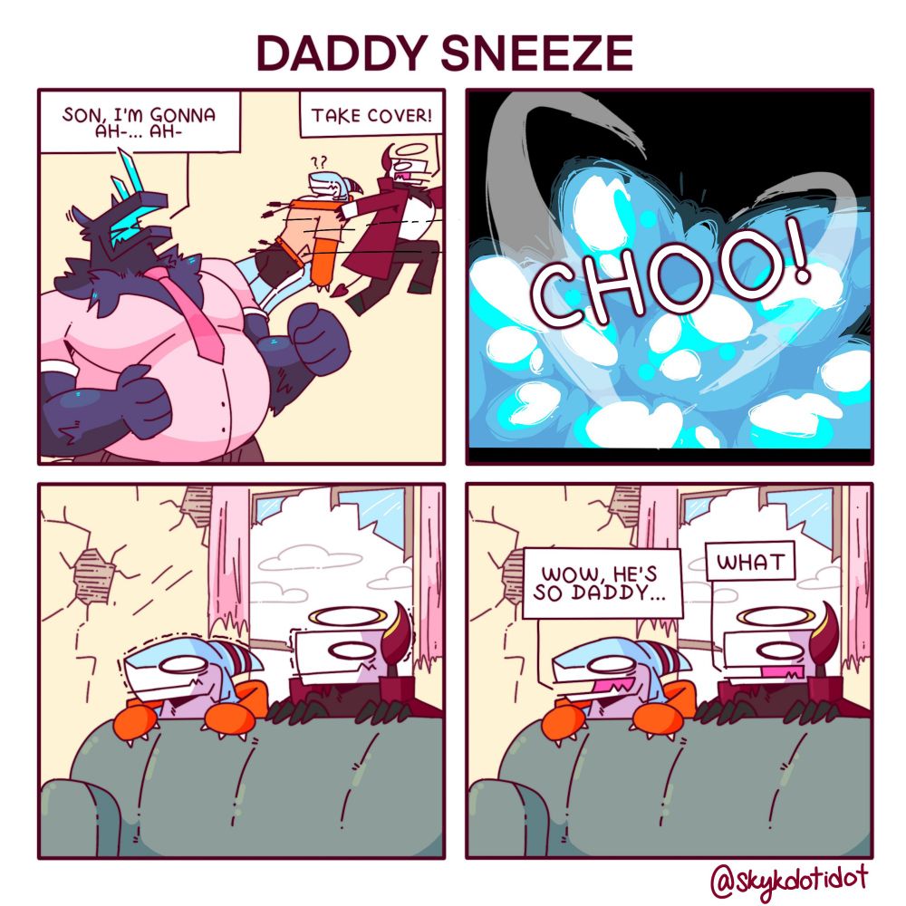 Ferro, Karma's dad, sneezes after warning his son. Karma drags Sky and they both hide behind a sofa to avoid the sneeze explosion. Sky has a crush now