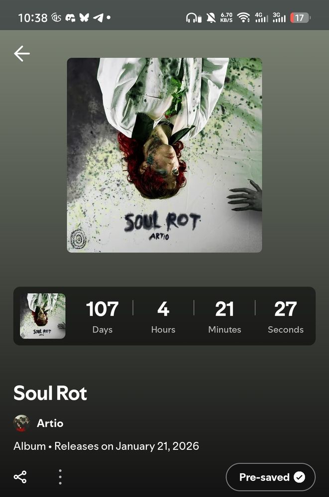 screenshot of the Spotify pre-release page for Artio's upcoming album "Soul Rot" which will be out on January 21, 2026 