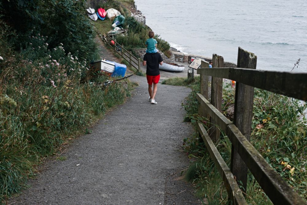 A path leads down to the sea. On the right is a fence. On the left a bank of wild flowers. A man is walking down the path with his young son on his shoulders. Further down the path are a variety of brightly coloured small boats.