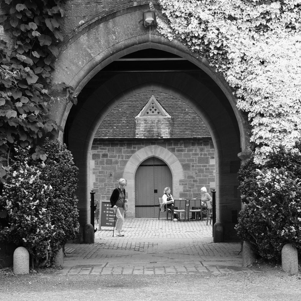 A view through the arched entrance of a stable block
