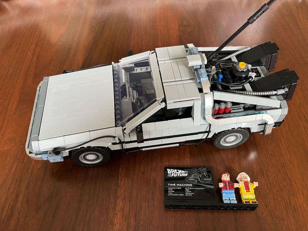 Lego Back to the Future Time Machine, with Marty McFly and Doc Brown minifigures.