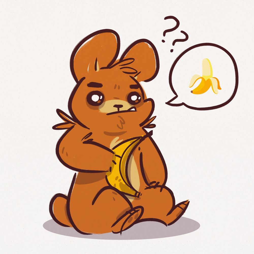 Bear holding a banana, questioning look on face, dialog bubble with a peeled banana emoji in it.