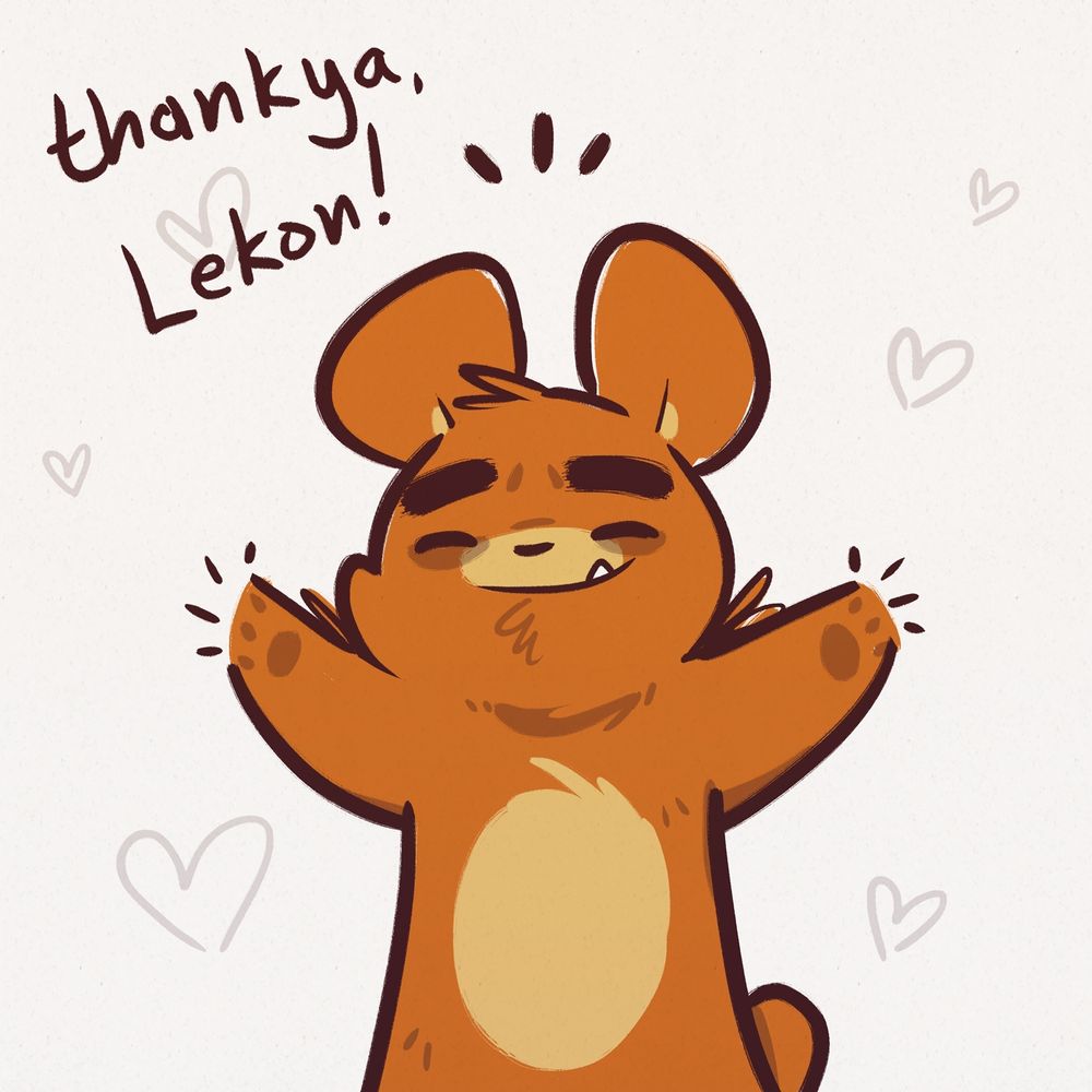 Bear smiling and holding arms out with hearts flying. "thankya, Lekon"