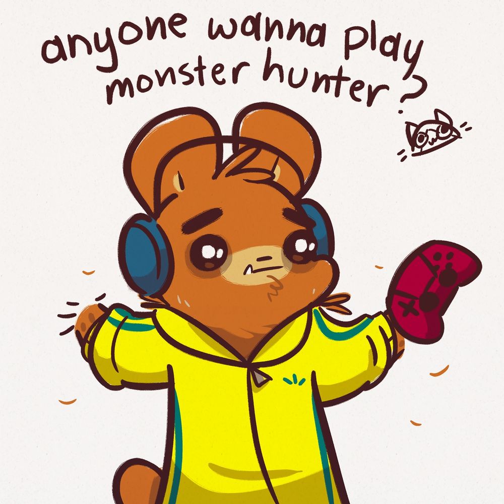 Bear wearing a hoodie and headphones and holding a controller. She shrugs, "anyone wanna play monster hunter?"