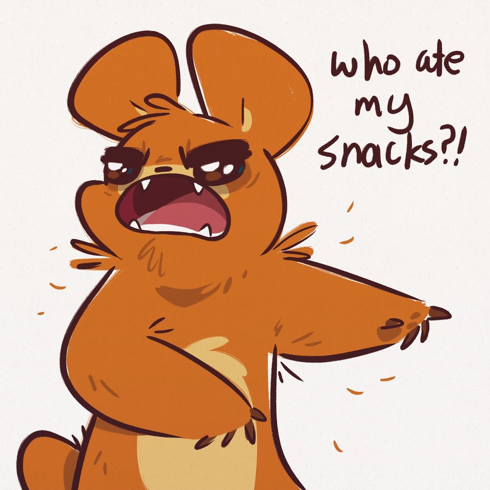 Bear with grumpy face pointing off screen. Reads "who ate my snacks?!"