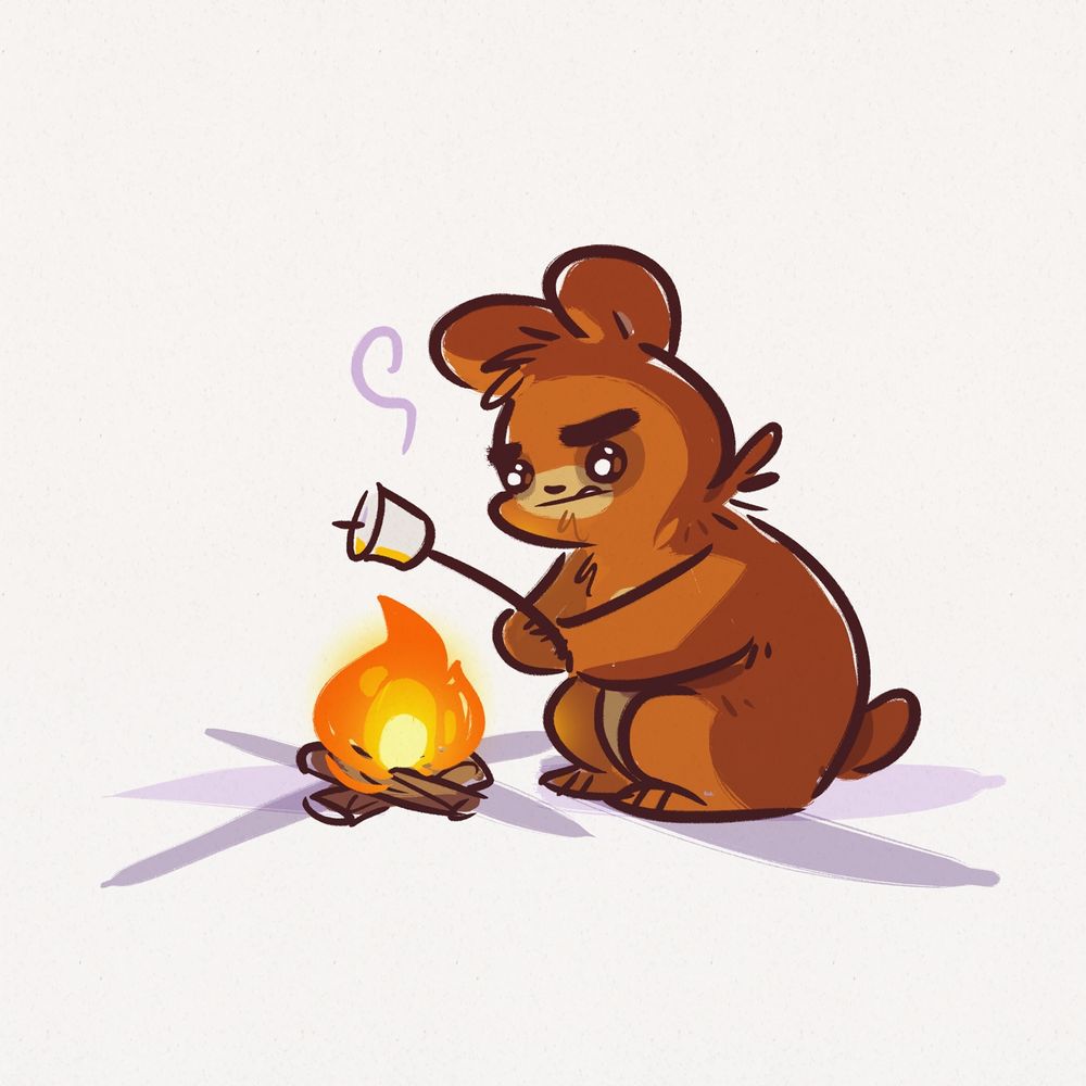 Bear roasting a marshmallow over a tiny fire.