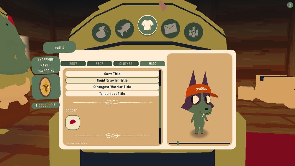 Webfishing screenshot of a dog smoking a cigarette and wearing a bright salmon trucker hat.