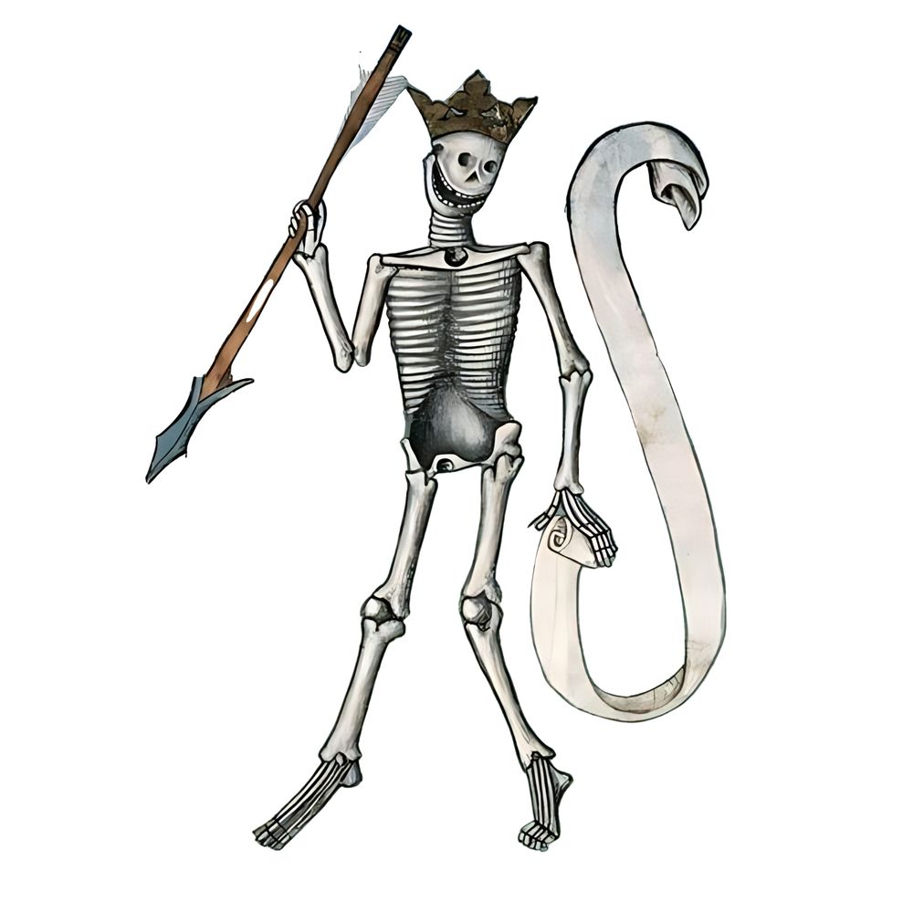 Graphic is of a Medieval drawing of a skeleton holding a spear and a long sheet of paper. A list of his enemies? Maybe. Also, Mr. Bones is wearing a crown.