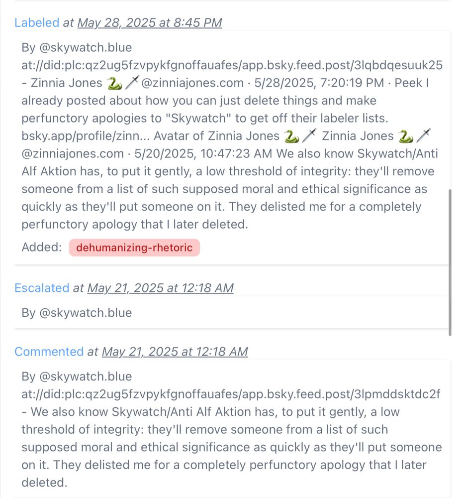  Screenshot of content moderation logs from a social media platform, showing entries by @skywatch.blue. The logs show three actions:

1. “Labeled at May 28, 2025 at 8:45 PM” - Shows a post by Zinnia Jones criticizing Skywatch’s content moderation practices, mentioning how users can delete posts and make “perfunctory apologies” to get removed from labeler lists. The post was labeled with “dehumanizing-rhetoric.”
1. “Escalated at May 21, 2025 at 12:18 AM” - Same moderator escalating content.
1. “Commented at May 21, 2025 at 12:18 AM” - Shows another post criticizing Skywatch/Anti Alf Aktion’s “low threshold of integrity” in content moderation decisions.

The logs include technical details like post URLs and timestamps, and appear to document disputes over content moderation policies and practices on the platform.​​​​​​​​​​​​​​​​