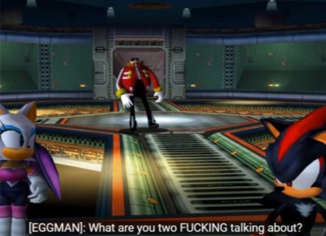 A scene from Snapcube's Sonic Adventure 2 fandub, of eggman walking in on shadow and rouge. The caption reads "What are you two FUCKING talking about?"