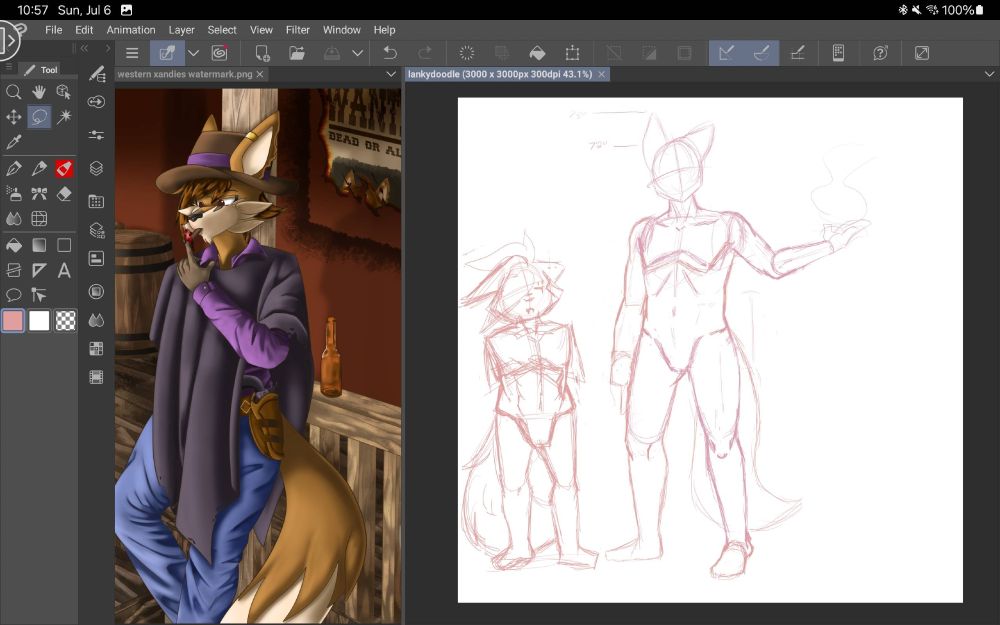 screenshot of a split windowed canvas. the left is the western cowboy image of Xander, a maned wolf anthro, smoking a cigar. on the right is a sketch of a 7'2" statured guy, intended to be Xander but is lacking any significant features. on his left is a hastily sketched 5'2" figure, crossing its arms and looking a bit annoyed. Max's spiky hairstyle is hastily drawn to express who it's meant to be.