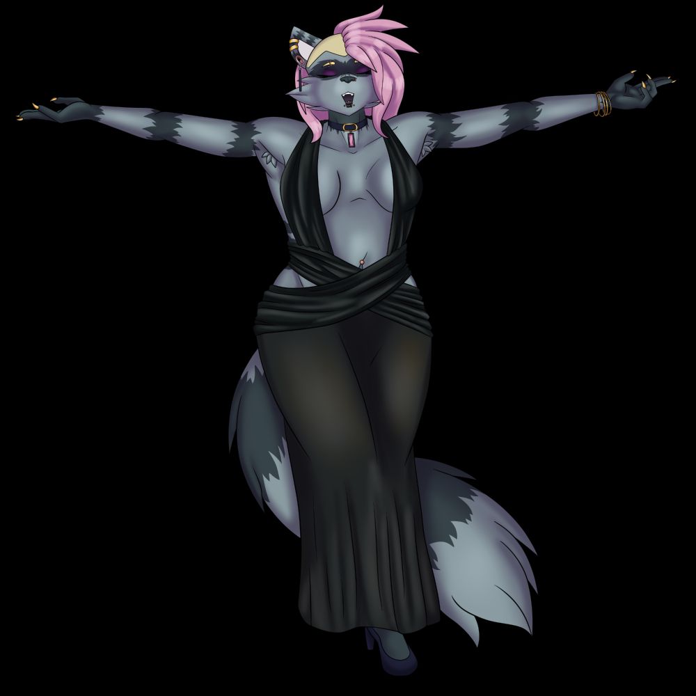 Digital art piece of a grey raccoon woman, her arms outstretched and her face in a big open smile, in a very "you're welcome i'm here!" gesture. She has side shaven hair, currently dyed a pastel pink. Her claws are painted gold, and she has many facial piercings and ear piercings. She also has on purple eyeshadow. The dress she is wearing is very exposing, with almost her entire front being uncovered. The straps of the dress cover and cup in her breasts, and come down to a crossed pattern, with exposure at the hips. The dress then becomes a stretchy, thin material for the lower half of the dress.