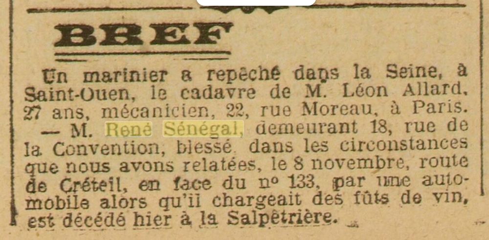 Relation du décès de René Sénégal à la Salpêtrière dans L'Oeuvre du 14 novembre 1927, Gallica