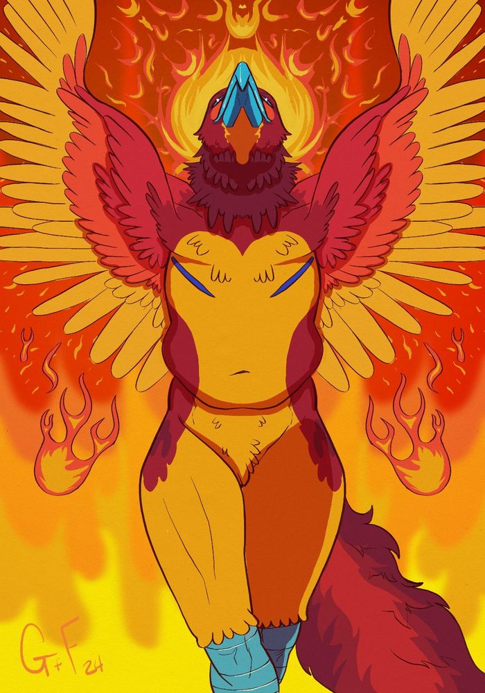 Phoenix birb is reaching his wings towards the fire filled sky. He has a blue beak, eyes and leggies; His top surgery scars are blue. He is yellow, orange, pink, red and dark purple. He has a Hot DAD Bod and good belly.
 