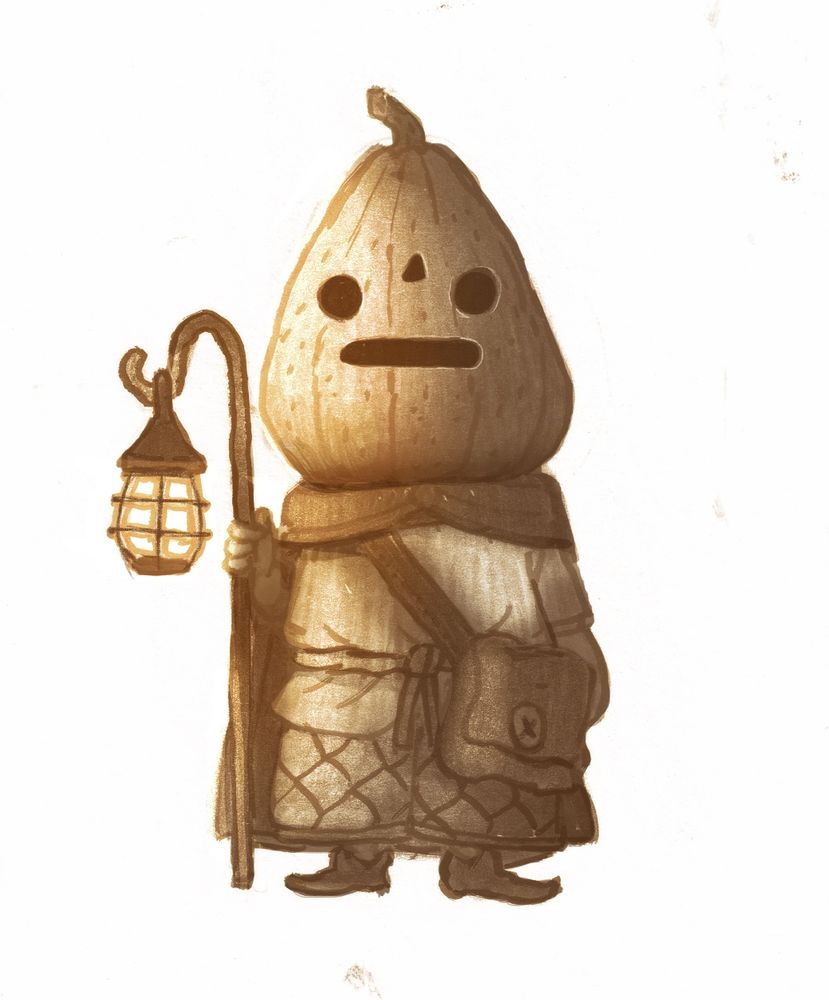 a drawing of a pumpkin-headed person wearing a cloak and satchel and some nice robes and holding a lantern