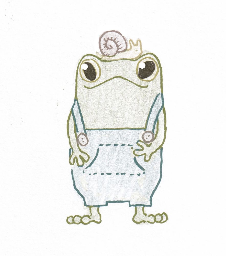 A silly drawing of a green frog with blue overalls with a snail on their head.