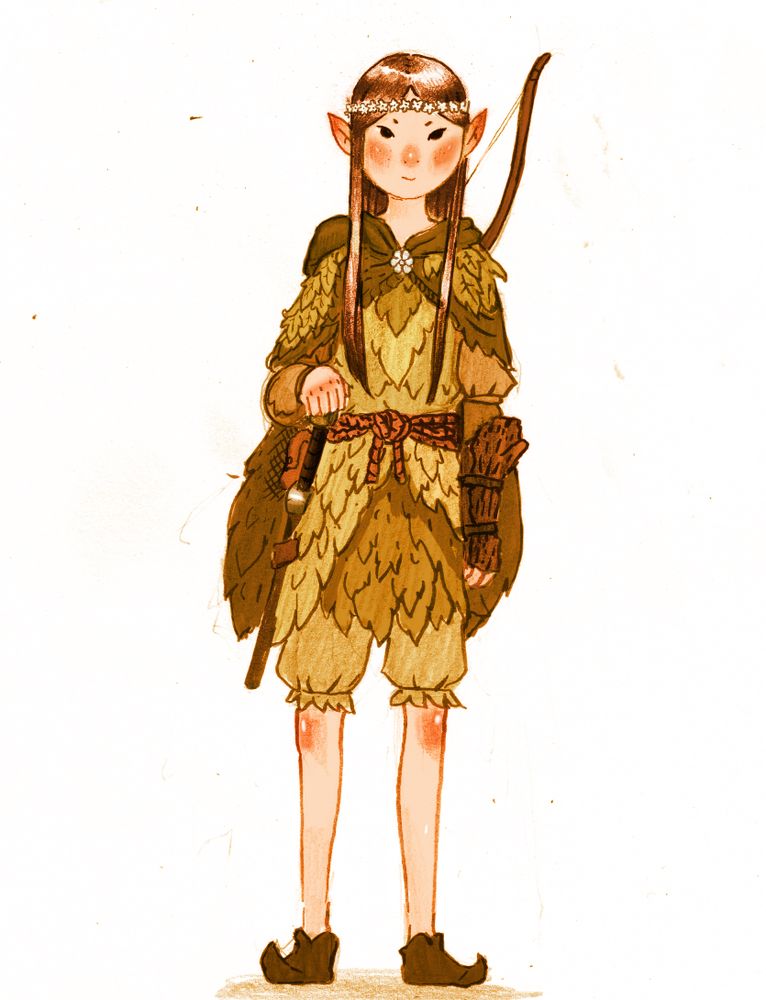 a drawing of an elf wearing clothes made of leaves and with a flower crown, a bow on their back and a short sword.