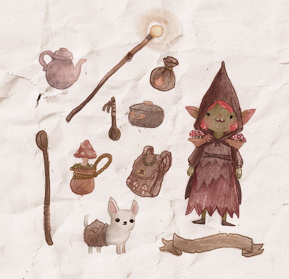 a drawing of a robed goblin with lots of items around them including a teapot and a staff with a lightbulb on top and a chihuahua dog