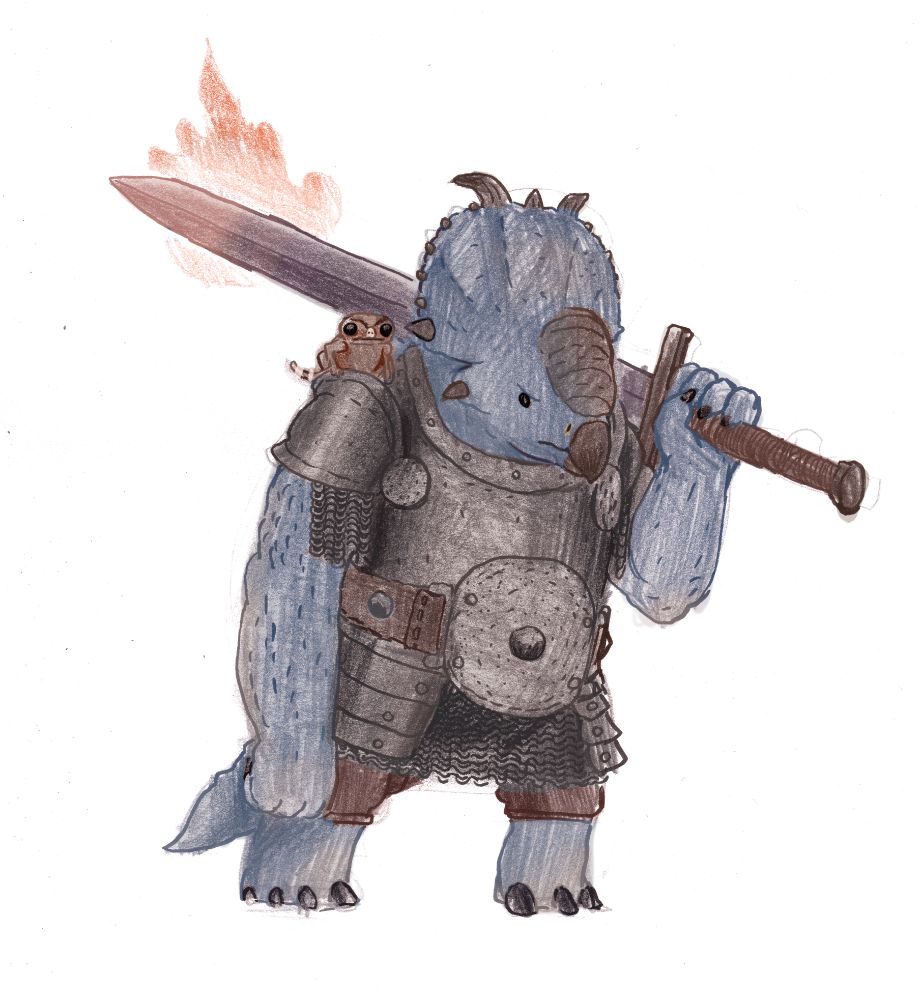 a drawing of a dinosaur person who looks like a Triceratops they are carrying a big sword and wearing metal armour and a small dinosaur is on their shoulder.